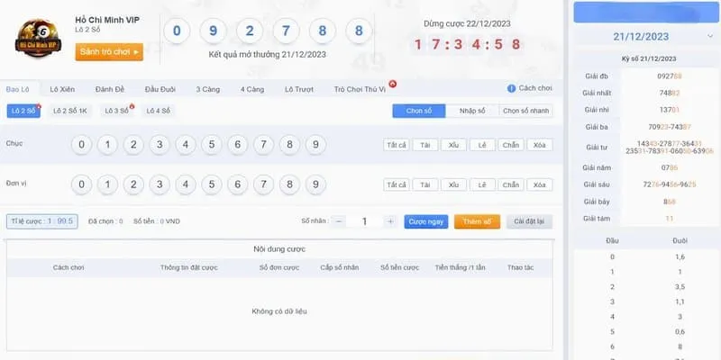Giao diện đặt cược của trò chơi Hồ Chí Minh VIP